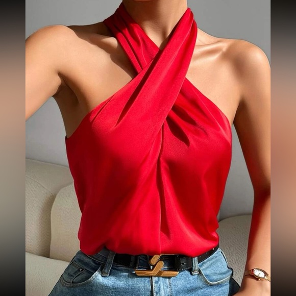 Luxe red twist front halter top - Picture 1 of 6